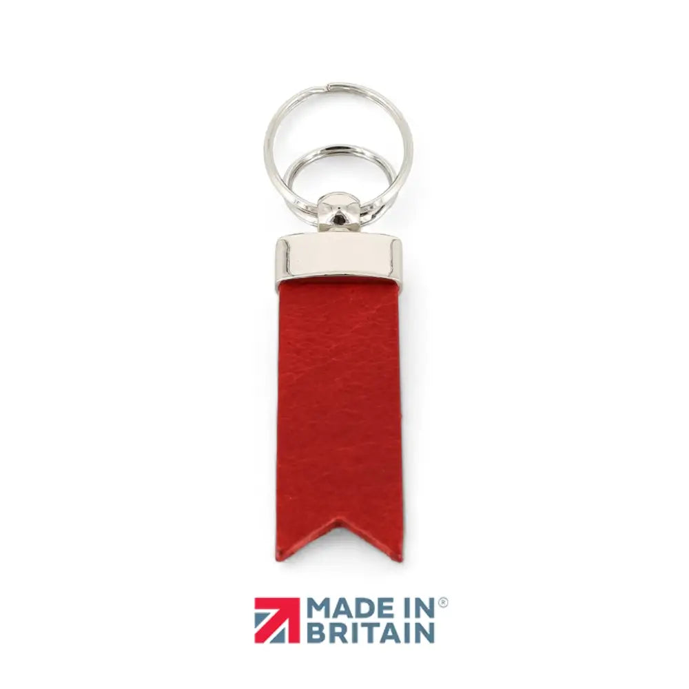 Red leather keychain with silver ring on a white background, featuring 'Made in Britain' logo.