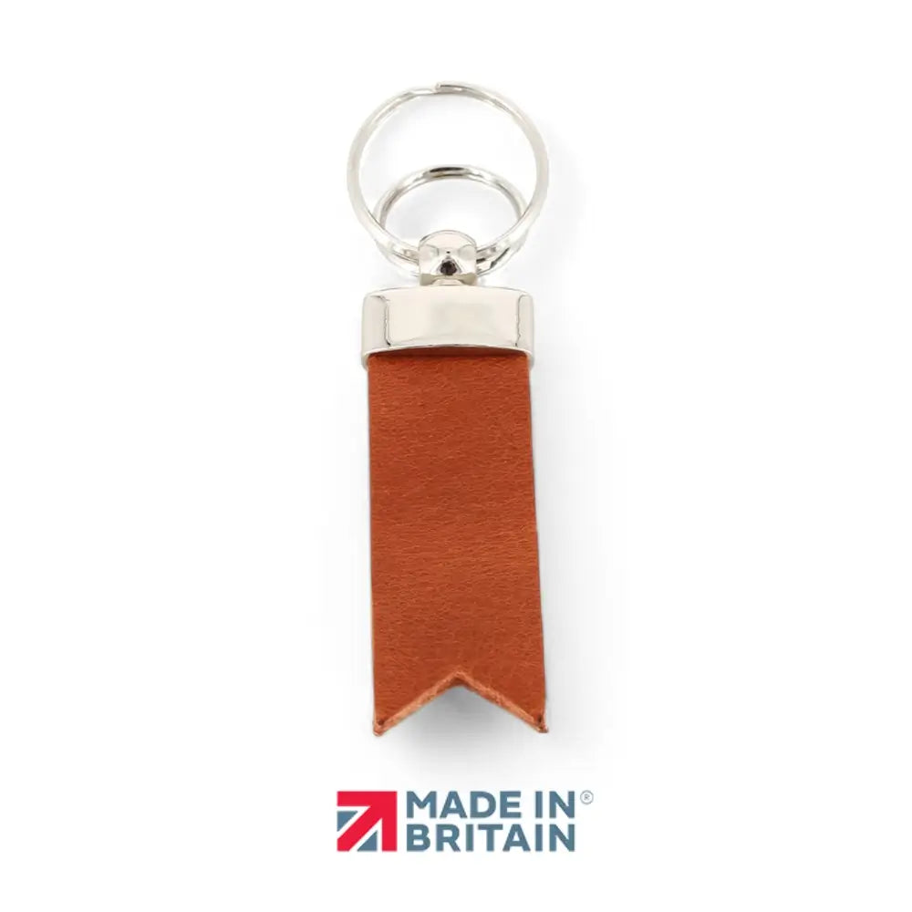 Tan leather keychain with silver ring on a white background, featuring 'Made in Britain' logo.