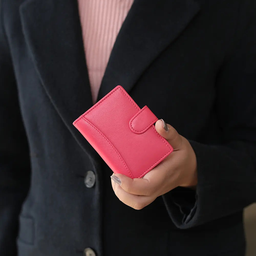 Pink premium leather RFID credit card holder, designed specifically for women