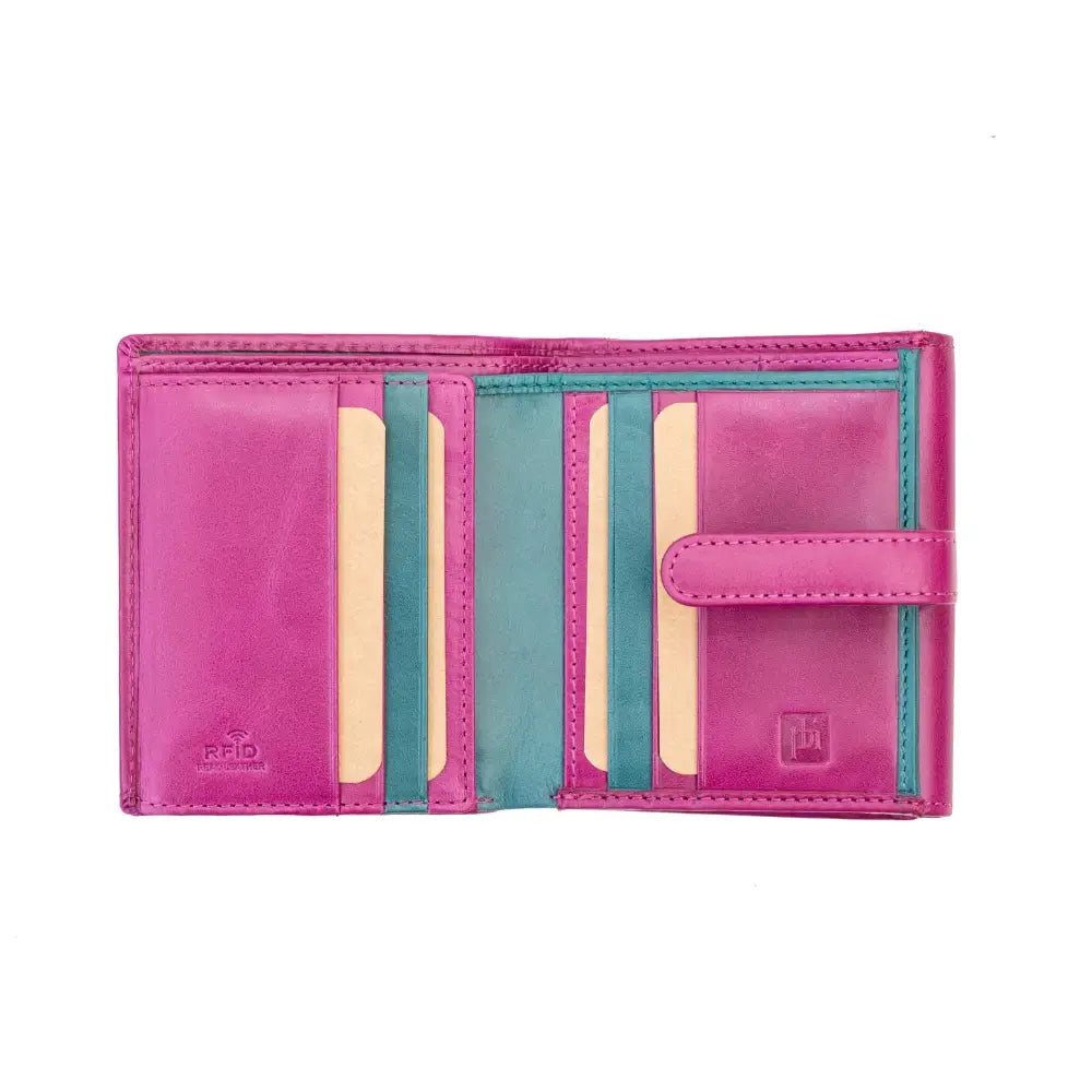 Inside view of the Pink  Leather Trifold Purse – Orchard showing eight credit card slots, an ID window, and twin note sections.