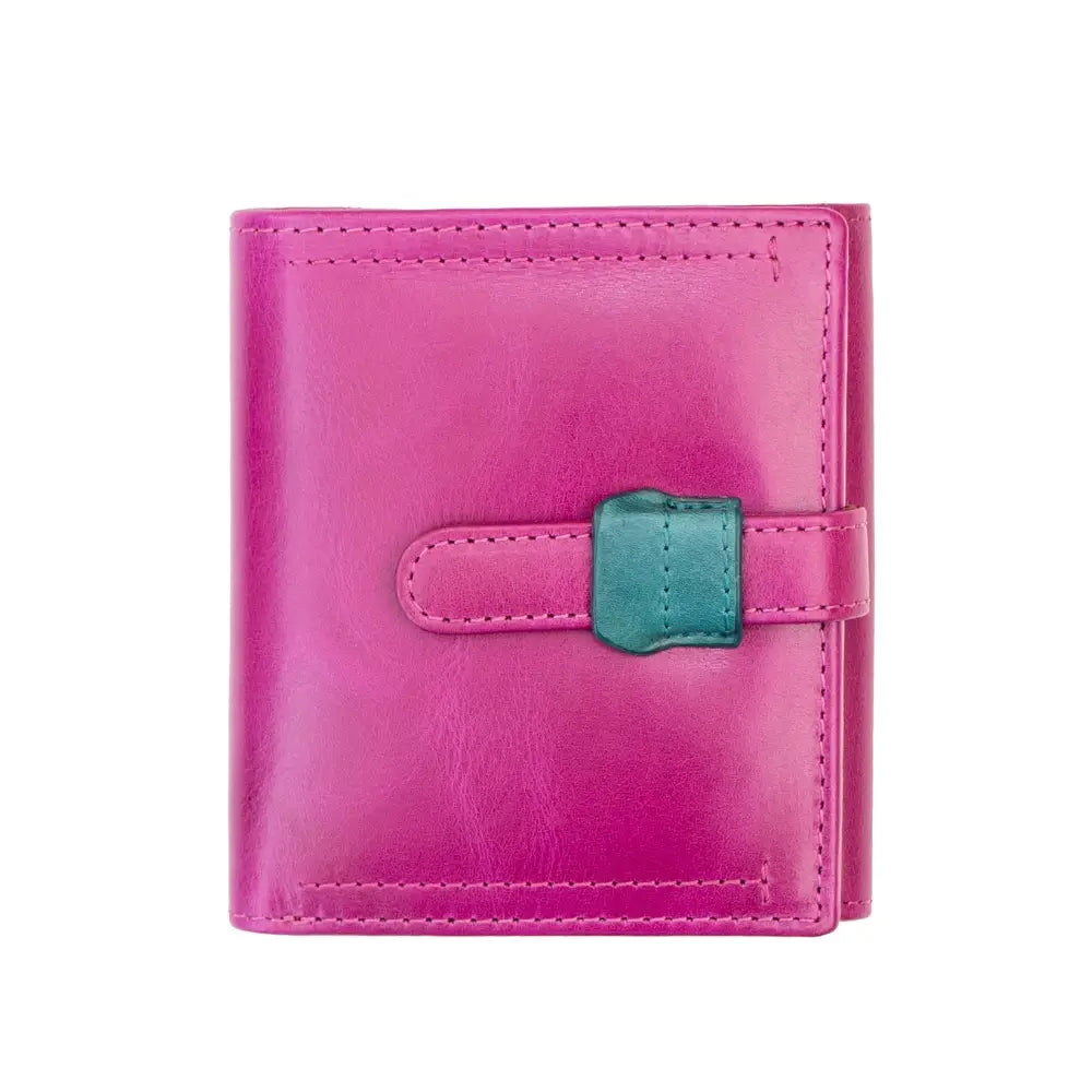 Front view of the Pink Leather Trifold Purse – Orchard, featuring a smooth chestnut finish and a secure loop-and-tab fastening.