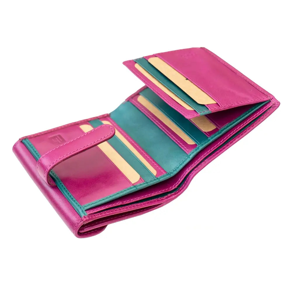 Angled interior view of the Pink  Leather Trifold Purse – Orchard, highlighting its organised card slots and central ID window.