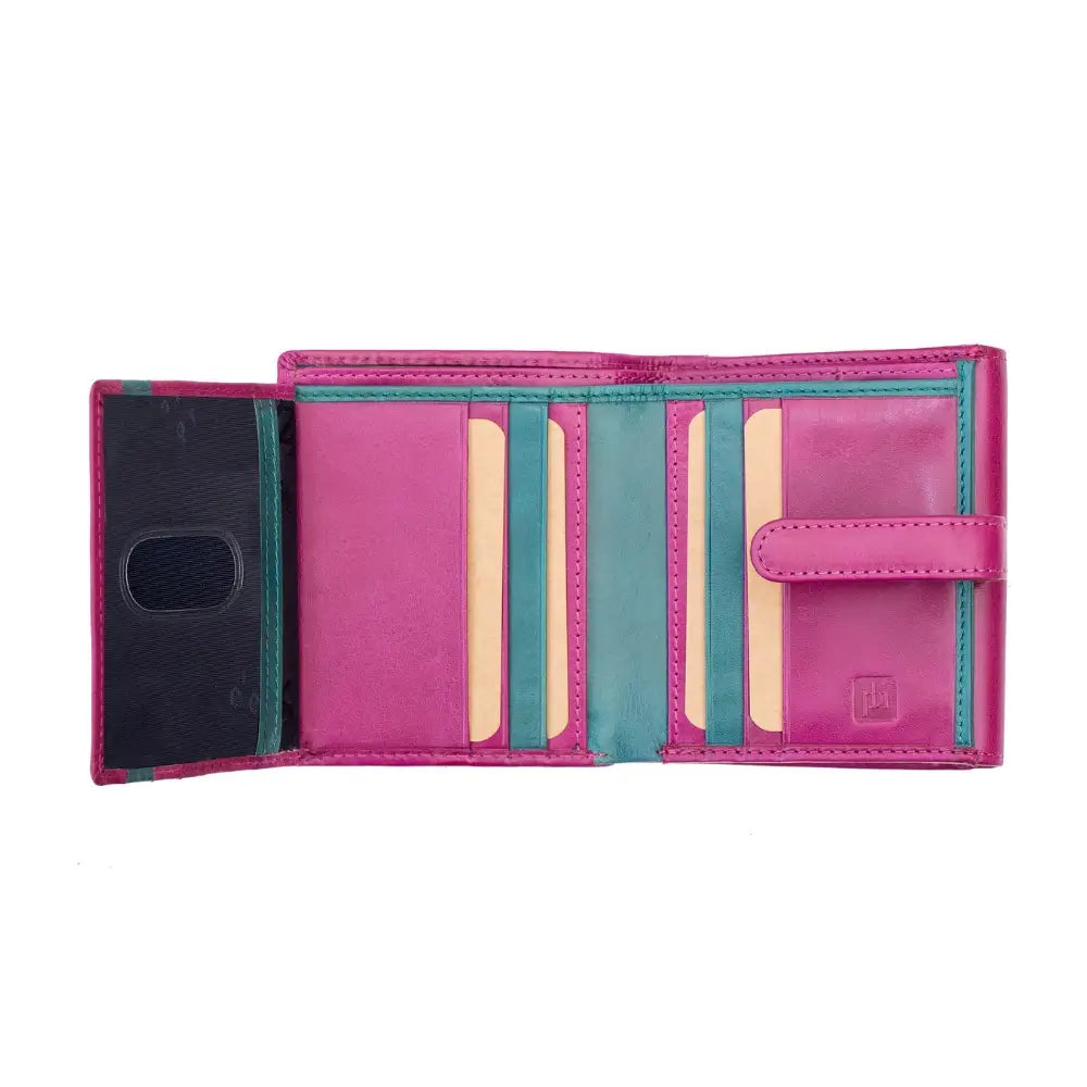 Fully opened Pink Leather Trifold Purse – Orchard displaying all card slots, the ID window, and note sections.
