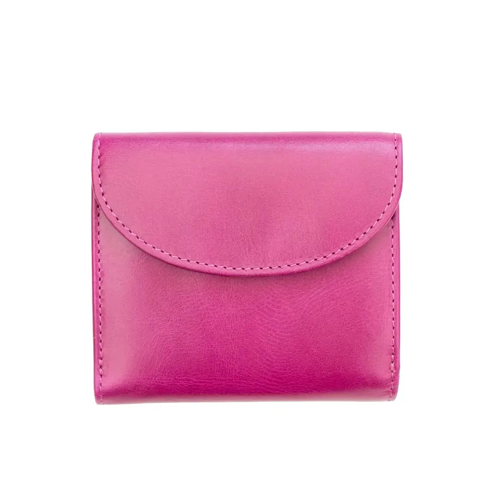 Back view of the Pink Leather Trifold Purse – Orchard showing the buttoned coin pocket with a curved flap design.