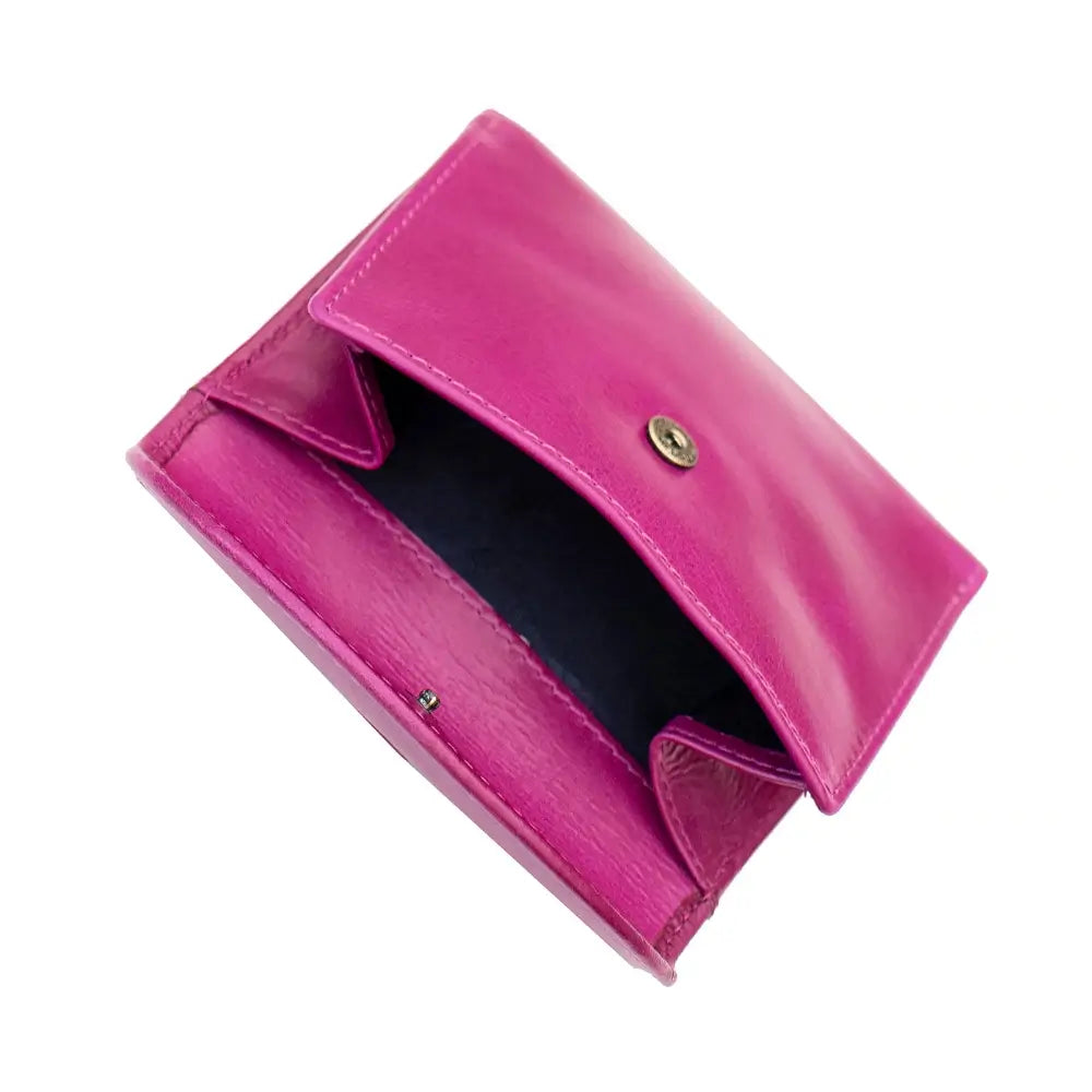 Open coin pocket of the Pink  Leather Trifold Purse – Orchard, revealing the spacious, button-secured compartment.