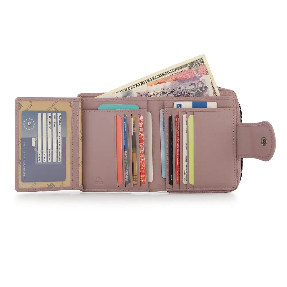 Pink wallet with card slots and a bill compartment on a white background