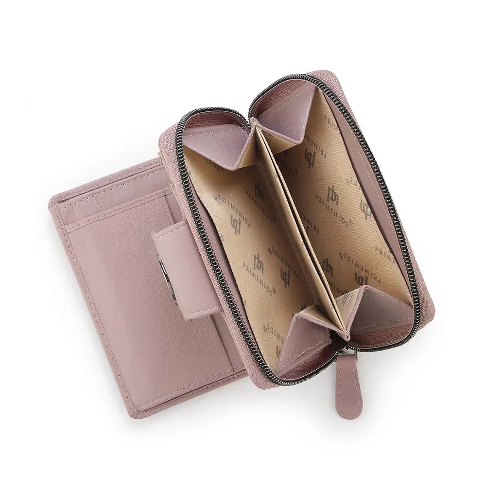 Pink wallet with a zipper on a white background