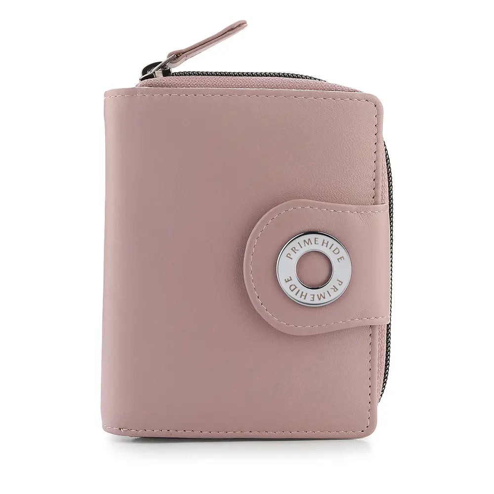 Pink wallet with a visible brand logo on a white background