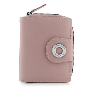 Pink wallet with a visible brand logo on a white background