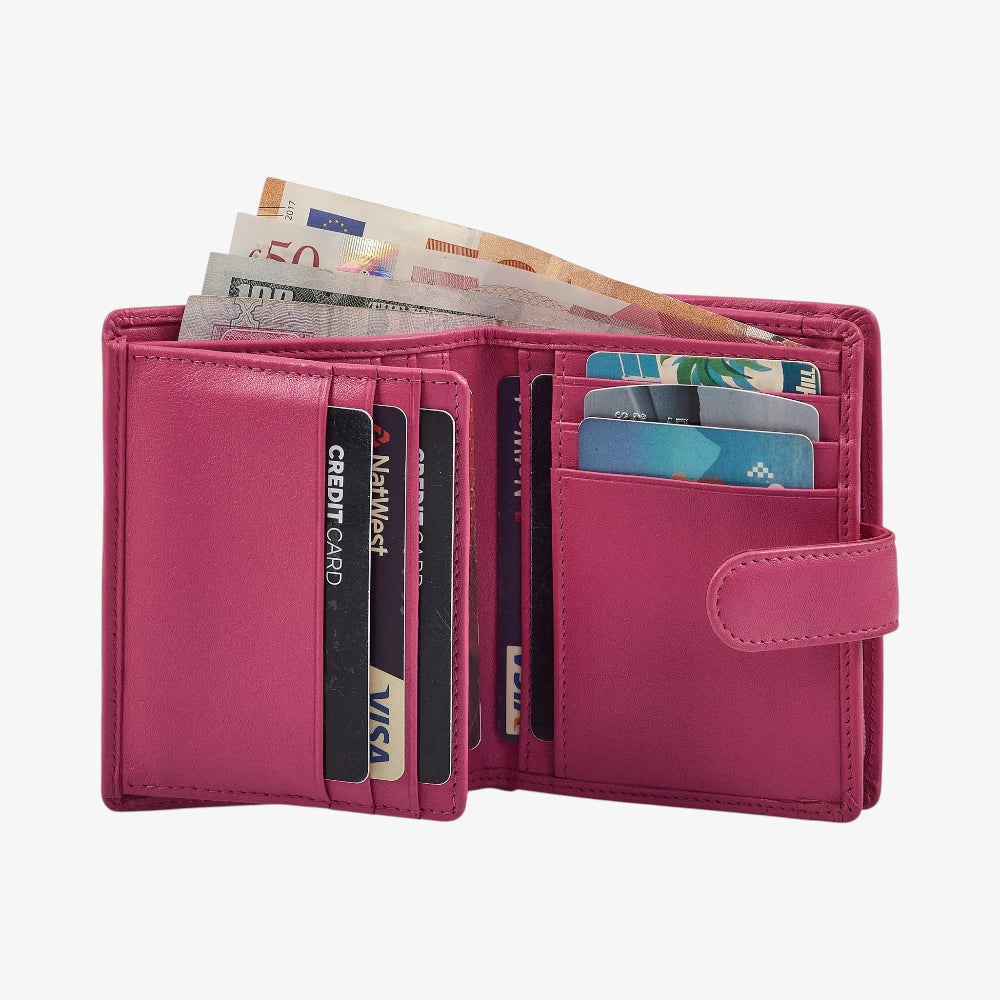 Real leather women's trifold wallet in pink with 13 card slots 