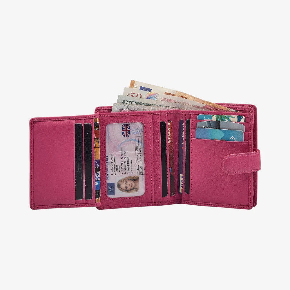 Compact pink leather purse for women with secure snap fastening
