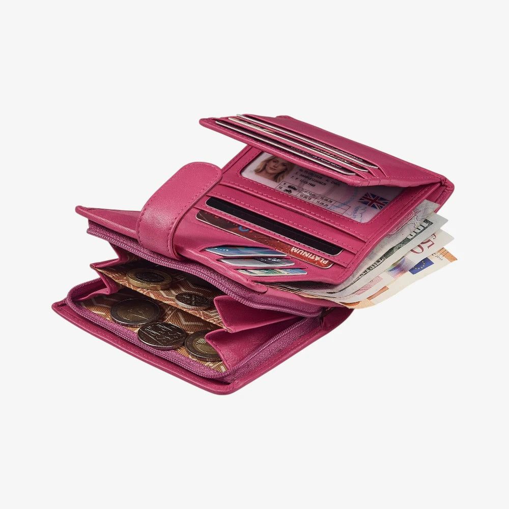Soft leather ladies purse in pink with note compartment and ID window
