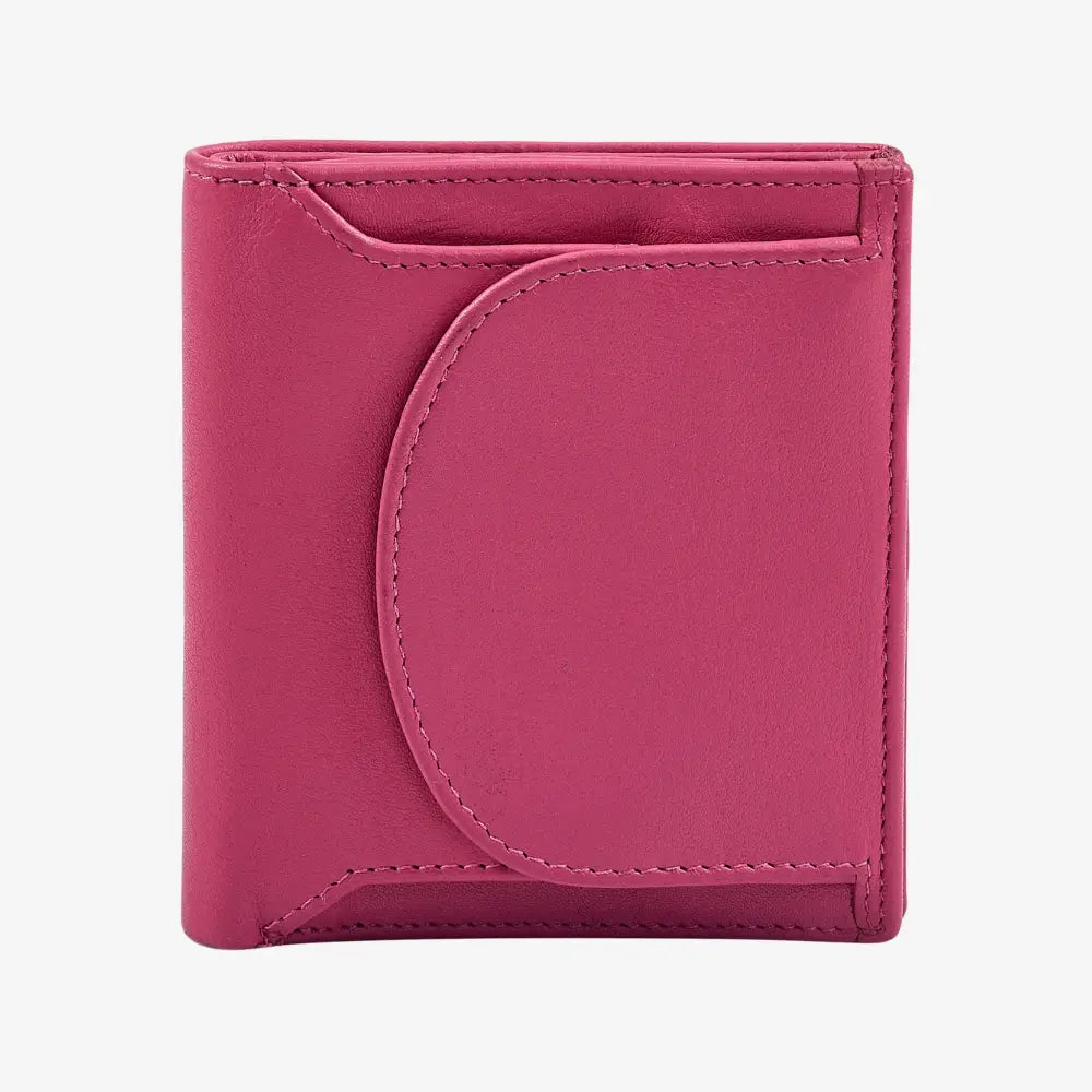 Compact pink leather coin tray wallet with buttoned coin pocket