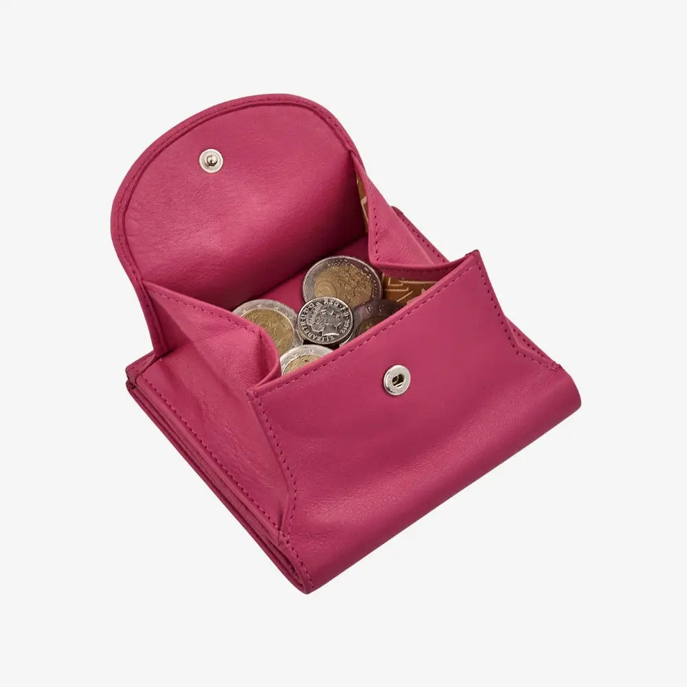 Pink leather wallet with coin tray, card slots and note section