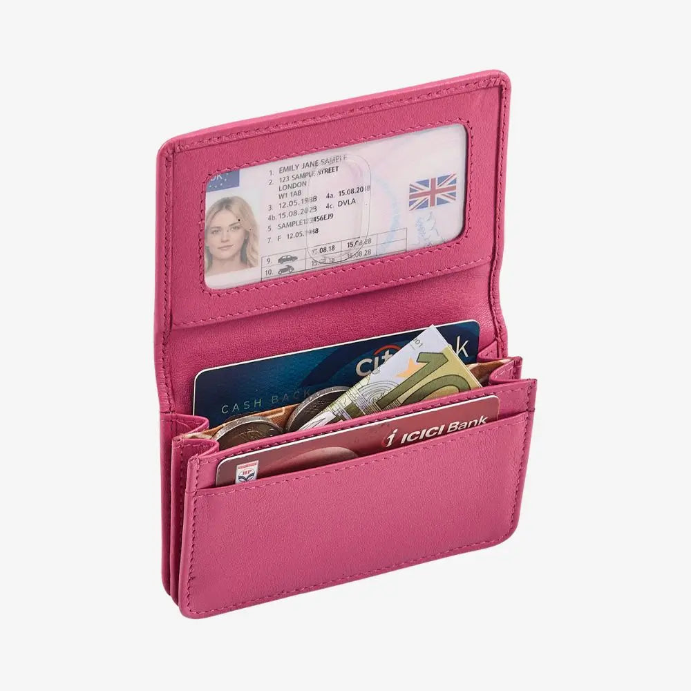 Pink leather card holder with two card slots and folded note sections