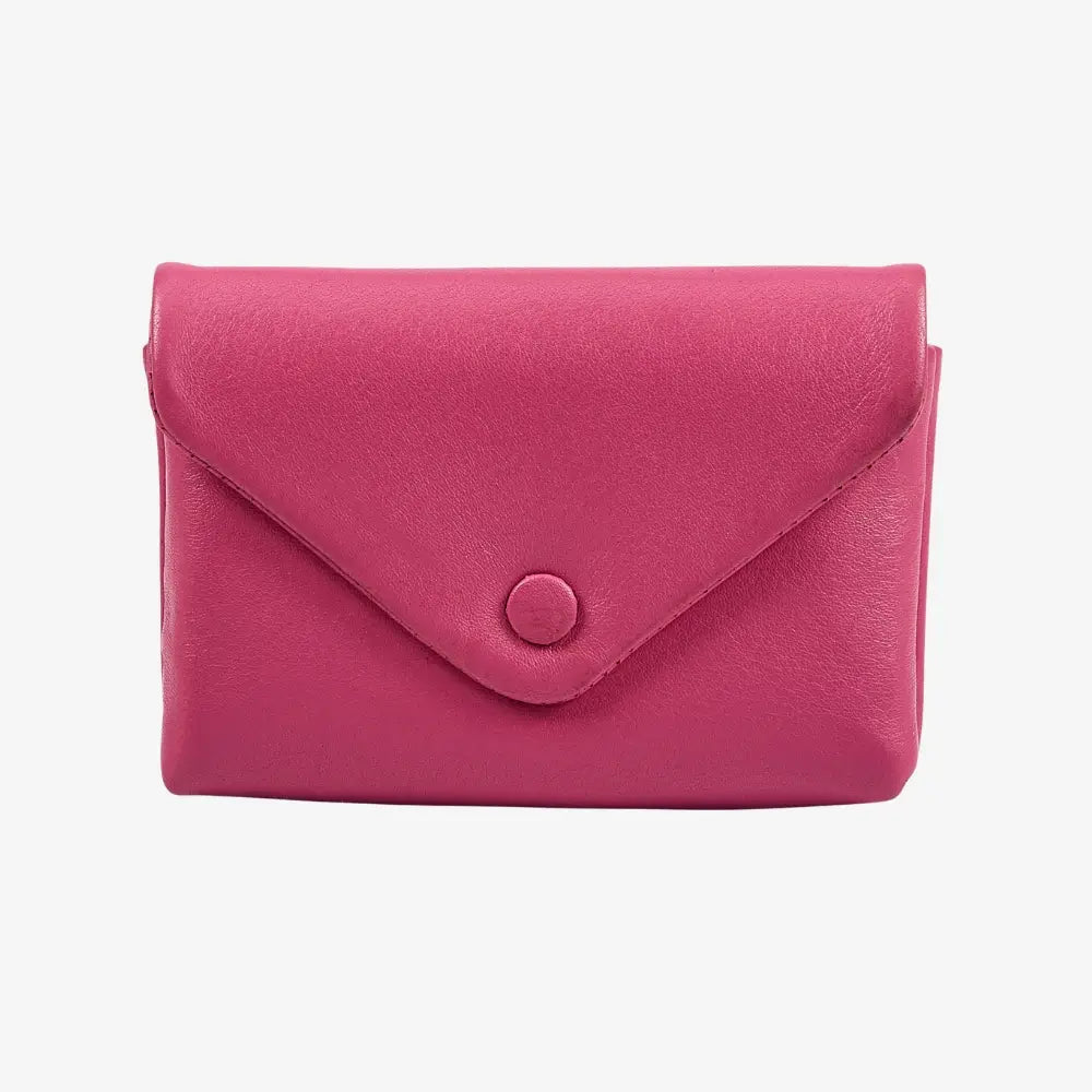 Pink leather envelope coin purse for women with press stud flap