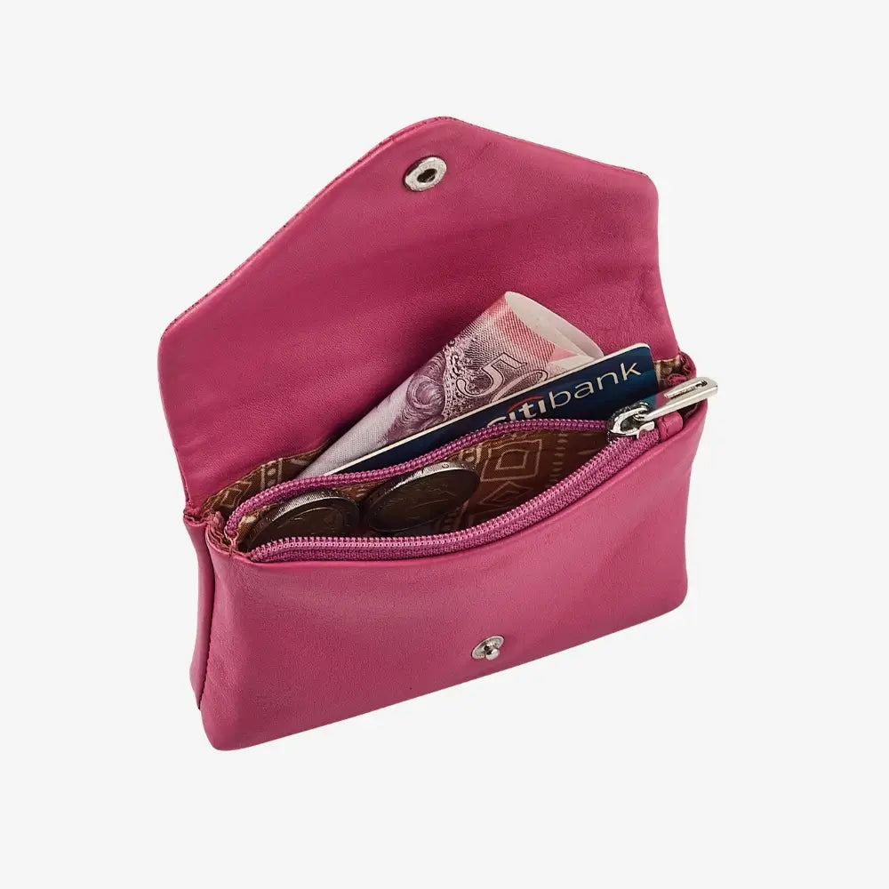 Pink real leather coin purse with envelope closure and note section