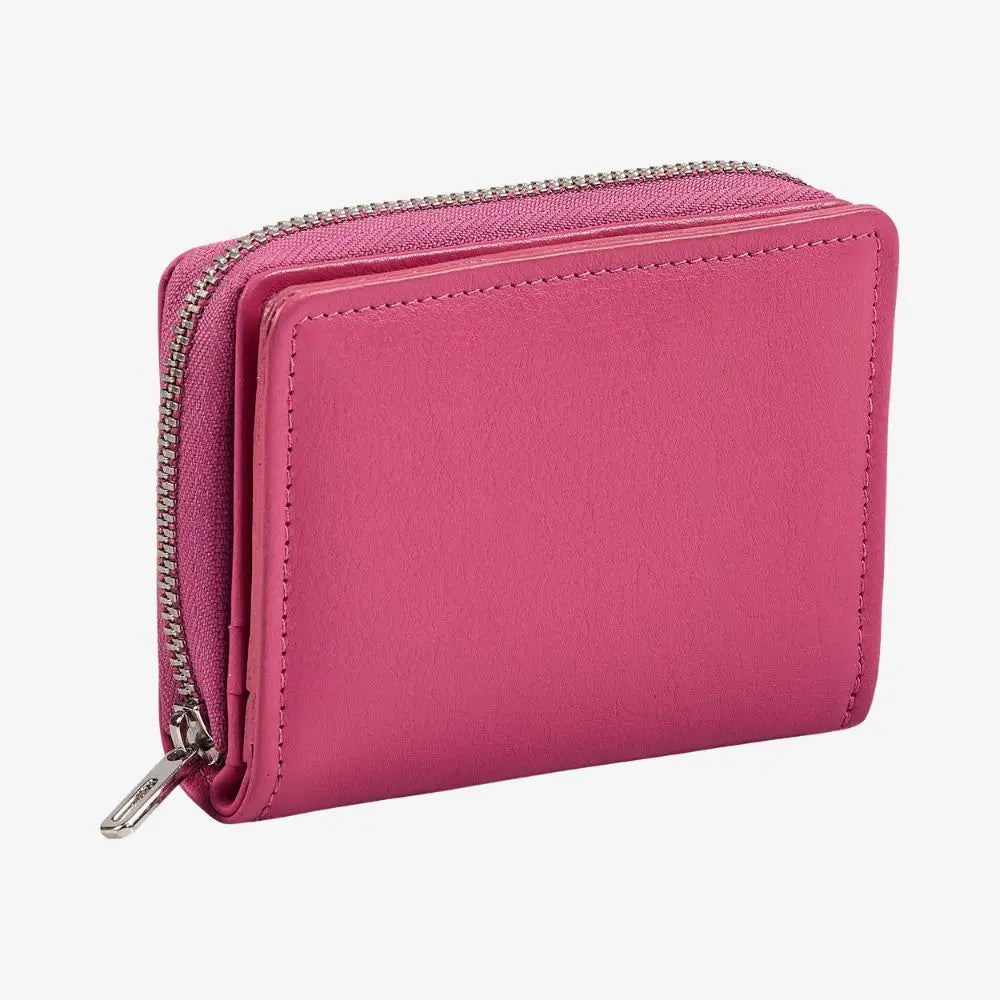 Pink leather zipped card holder for women with RFID protection