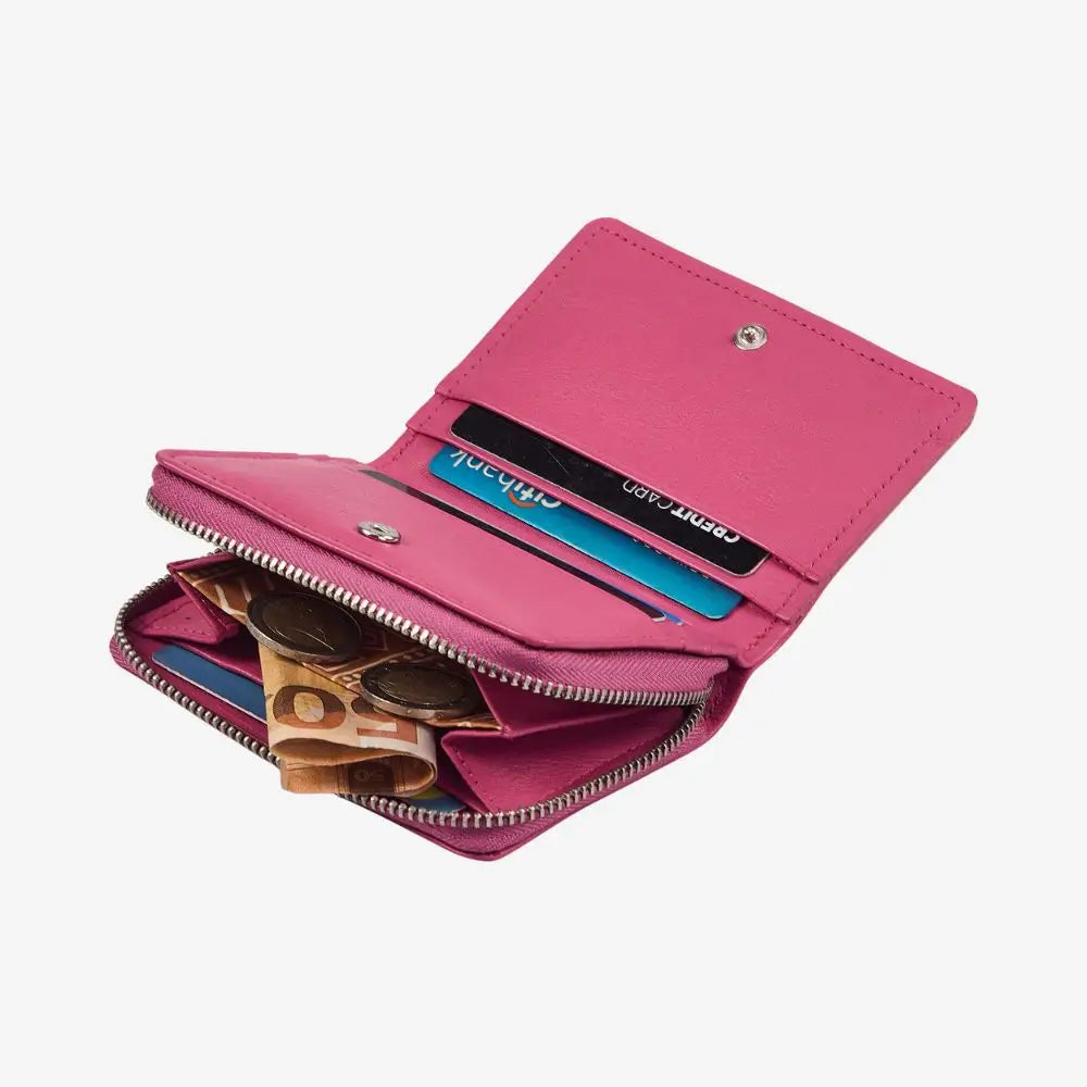 Pink leather card holder with zipped coin compartment