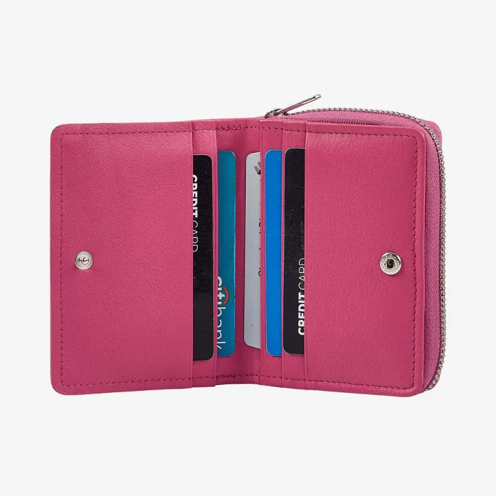 Pink real leather card holder with multiple card slots