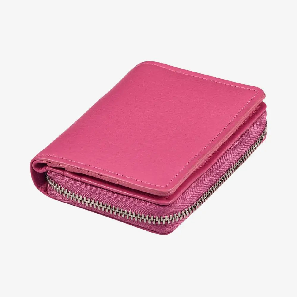 Compact pink real leather RFID card wallet 