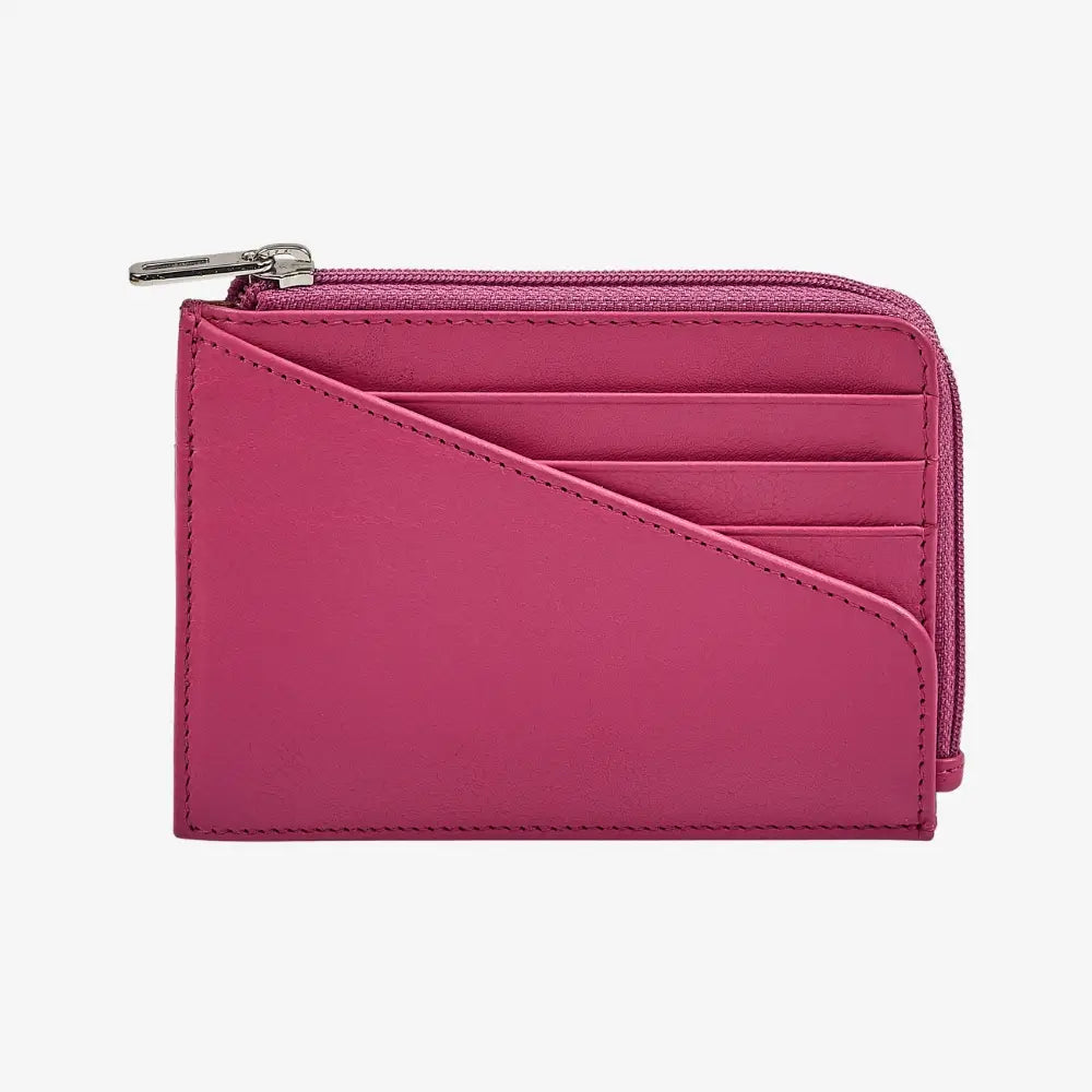 Pink real leather zip card holder with five card slots