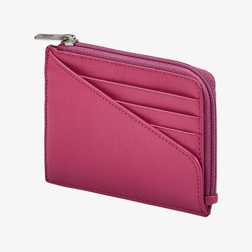 Women's leather zip card holder in pink real leather
