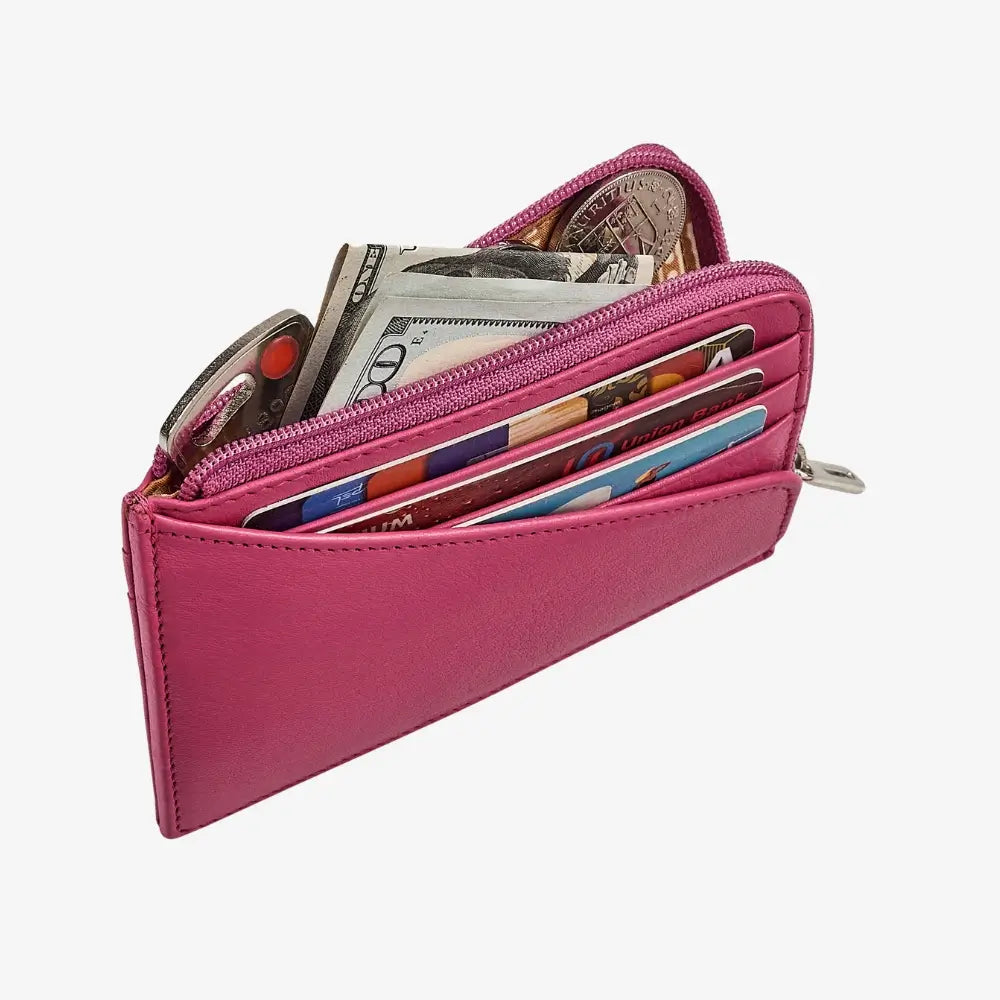 Pink leather card holder with zip closure and card slots