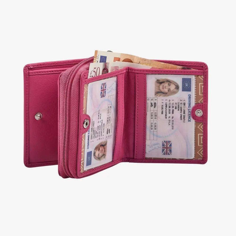 Pink wallet with cards and ID on a white background
