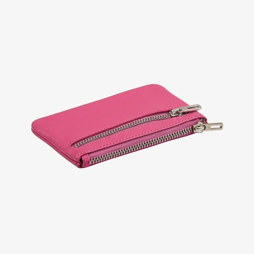 Pink leather coin purse for women with double zip closure