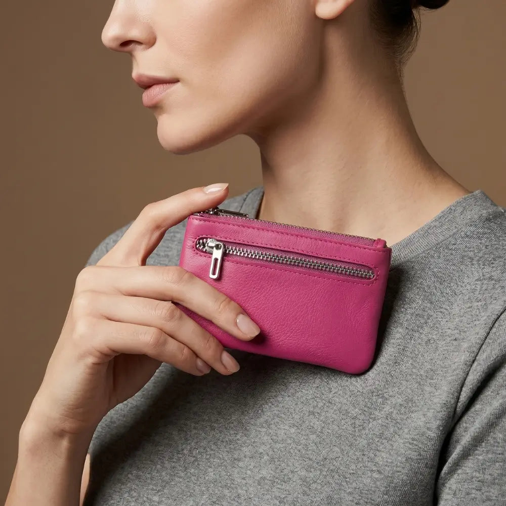 Woman holding a pink wallet against a neutral background
