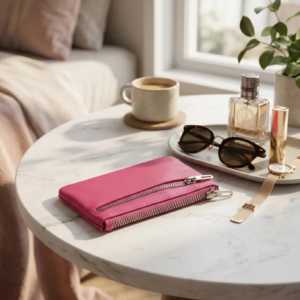 Pink wallet on a marble table with a cup, sunglasses, and perfume bottle.