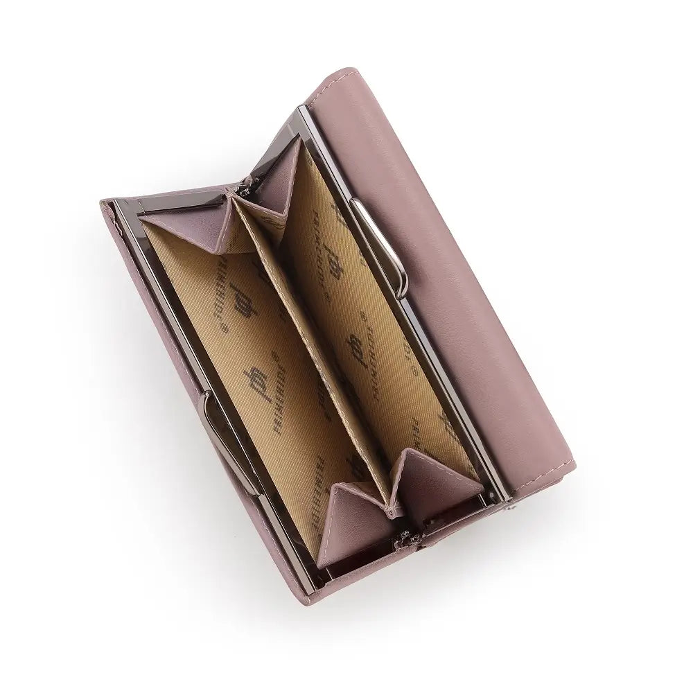 Open pink wallet with brand name on a white background