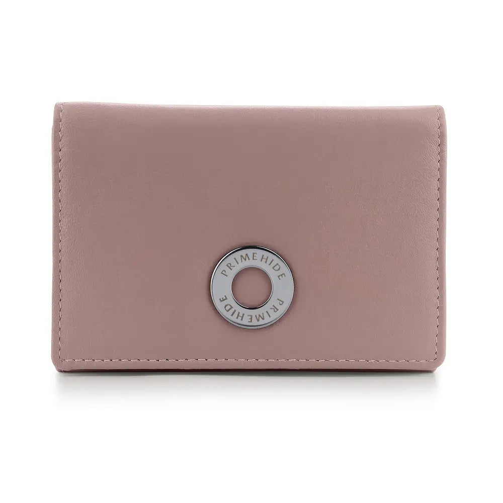 Pink wallet with a brand logo on a white background