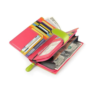 Pink wallet with colorful card slots and money on a white background