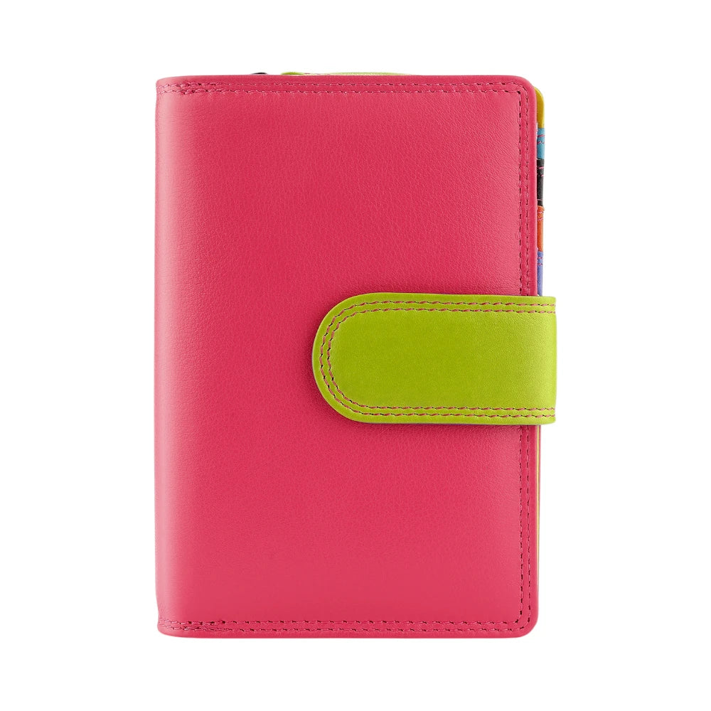 Pink purse with a green strap on a white background