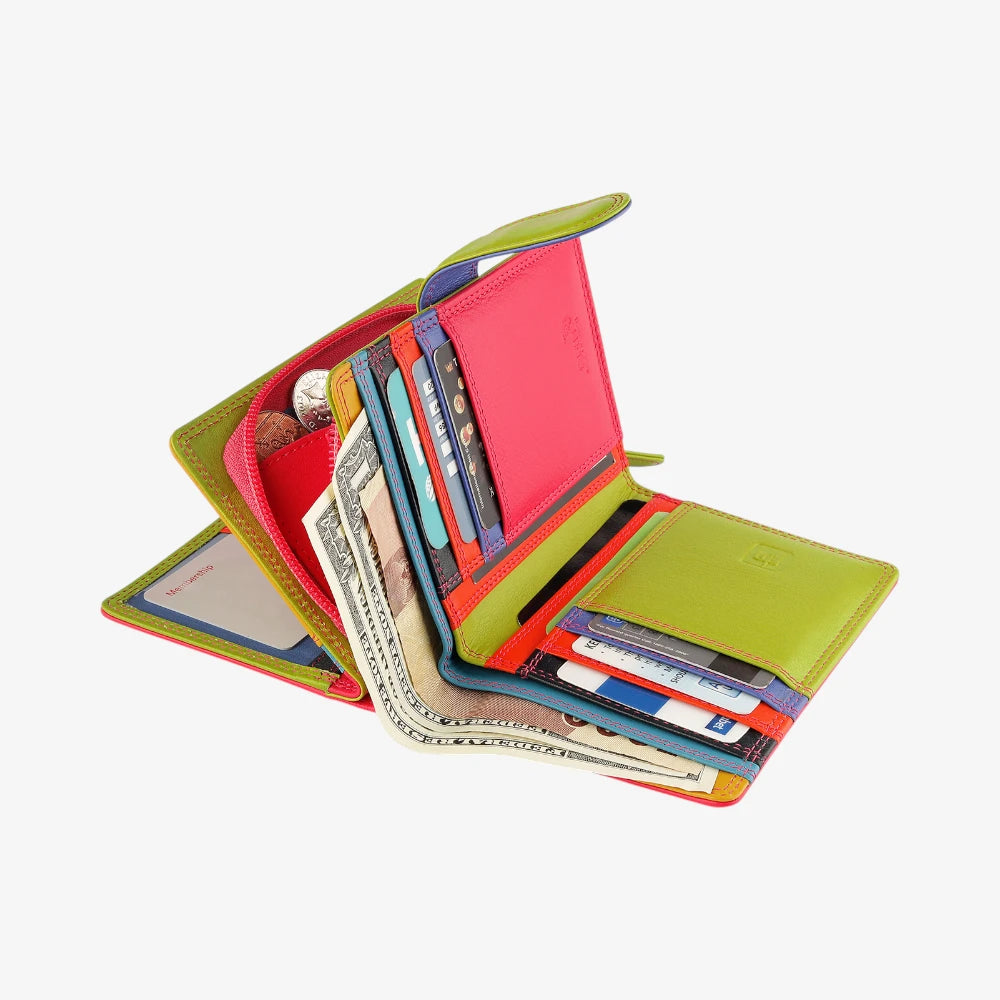 Multicolored wallet with cards and money on a white background