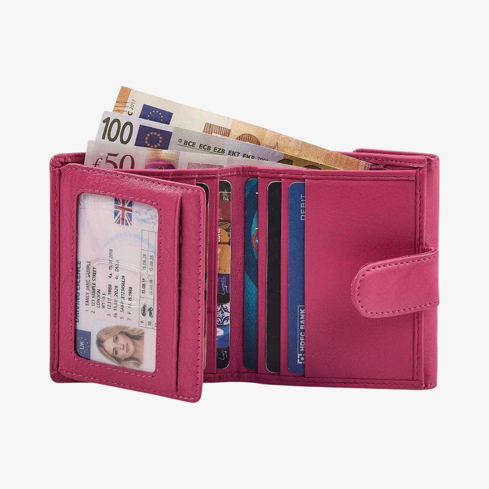 Compact pink leather purse with card slots and ID windows