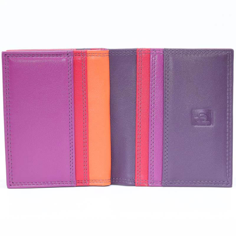 Purple Jade London real leather credit card holder shown open, featuring vertical color-blocked stripes in purple, orange, and pink, with a debossed logo on the right side.