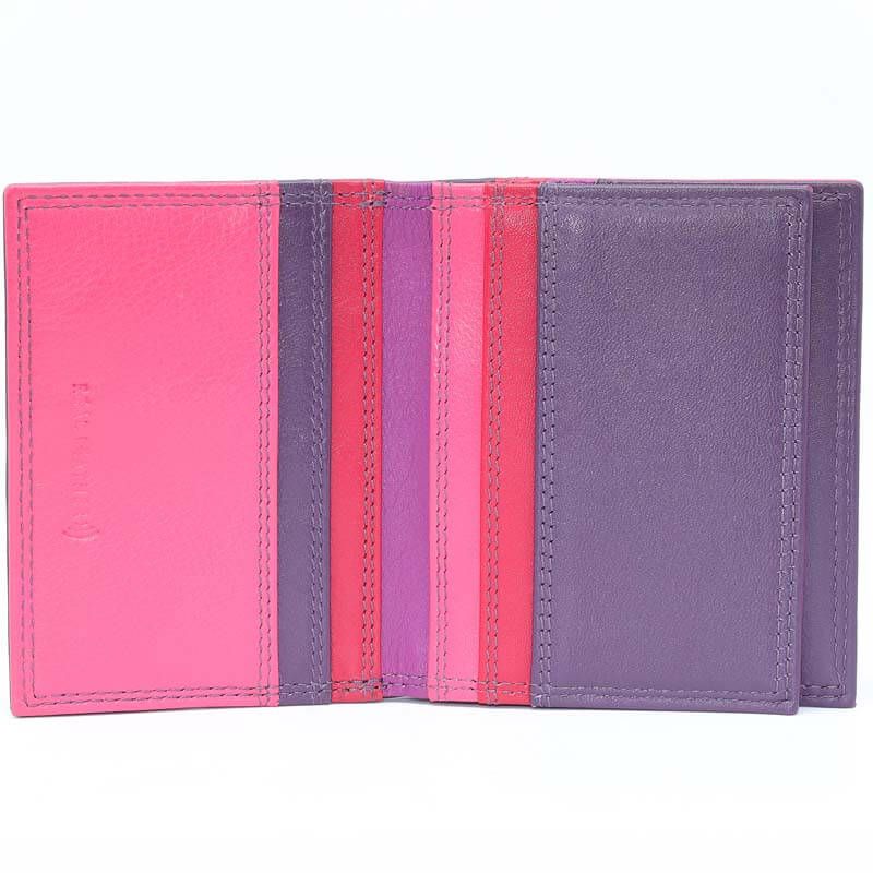 Purple Jade London real leather credit card holder shown open against a white background, featuring vertical color-blocked panels in bright pink, purple, red, and magenta with visible stitching.