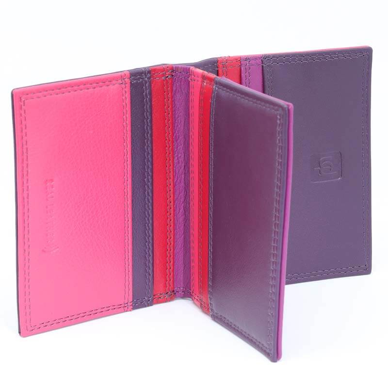 Purple Jade London real leather credit card holder shown open, featuring a bright pink textured exterior, purple interior panels, and a striped interior with red, purple, and pink accents. The back of the wallet is a solid purple color with an embossed logo.