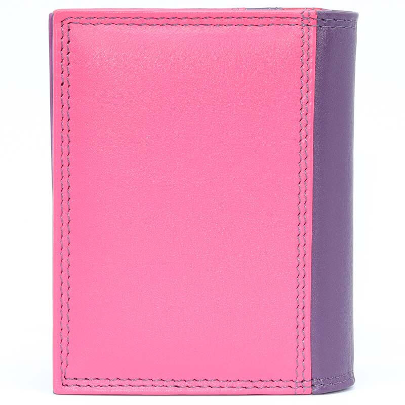 Purple Jade London real leather credit card holder shown closed on a plain white background. The back panel is bright pink with visible stitching, and the side edge is purple.