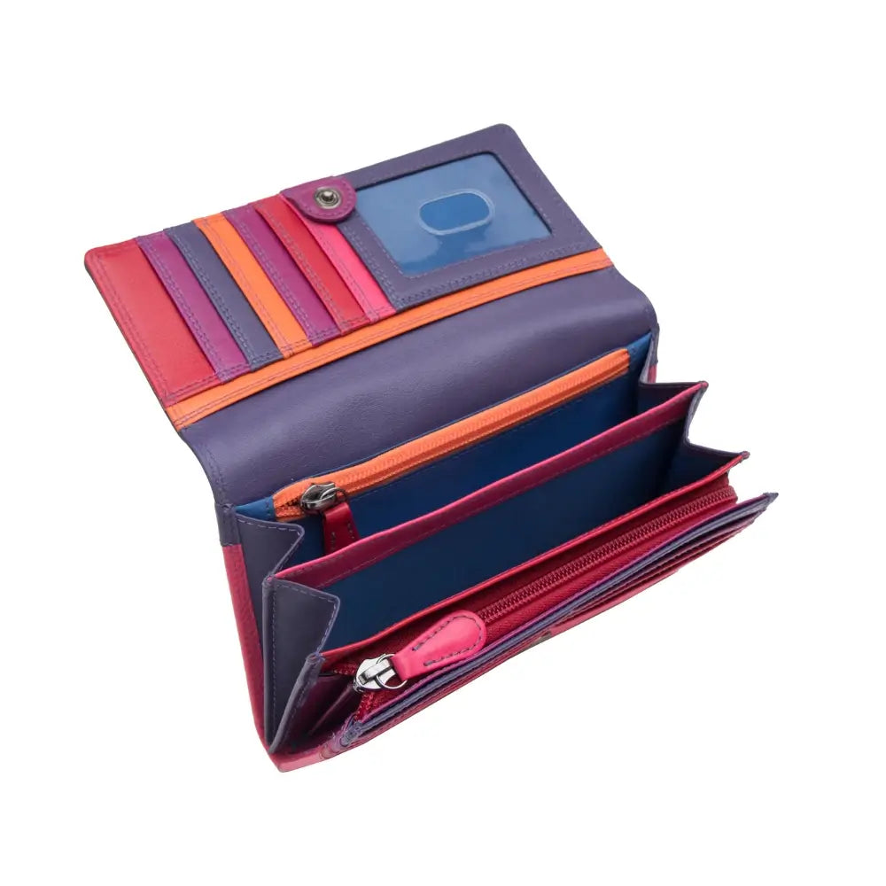 Multicolored wallet with open compartments on a white background