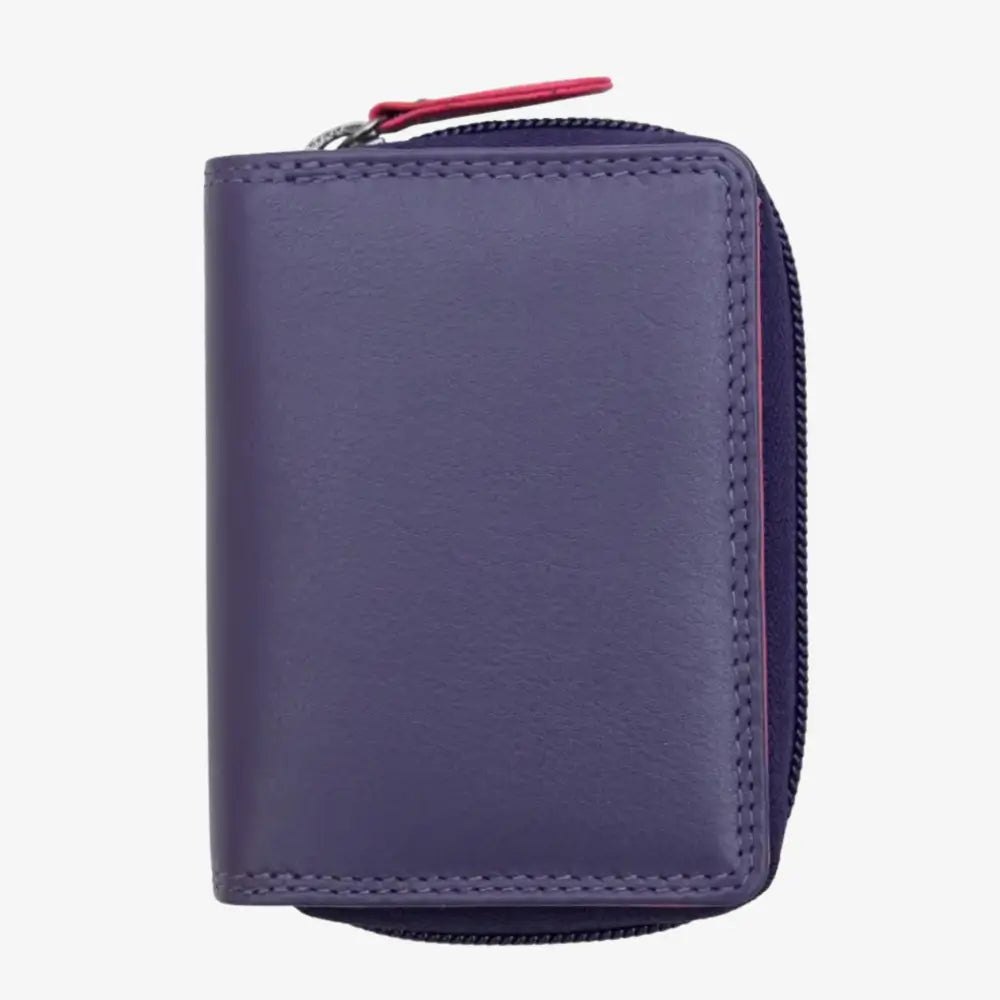 A small zip-around wallet in purple leather with a contrasting red zipper pull, shown against a plain light gray background.