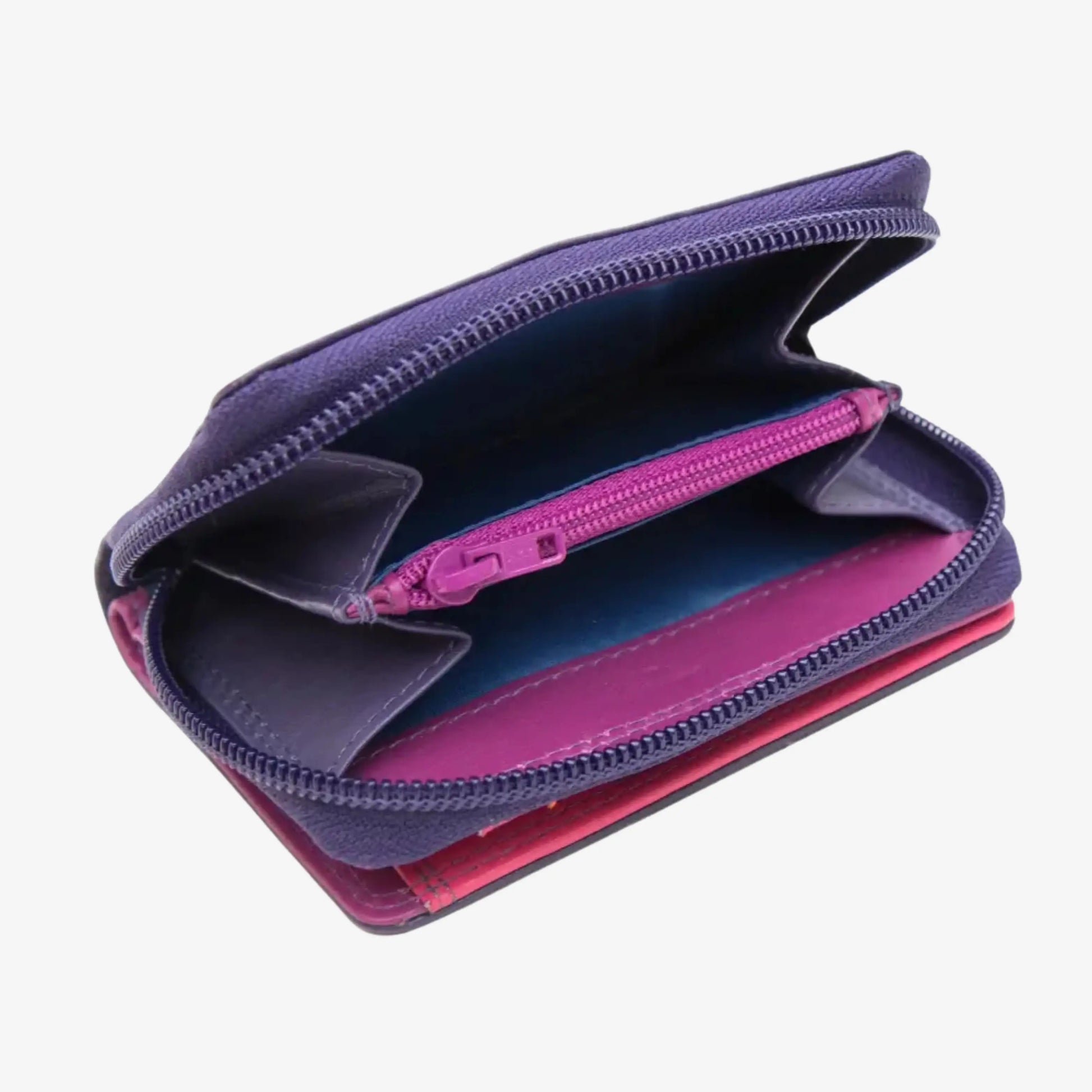 An open purple zip-around wallet with multiple compartments, showing a pink zipper, blue interior lining, and a pink exterior edge, photographed on a light gray background.
