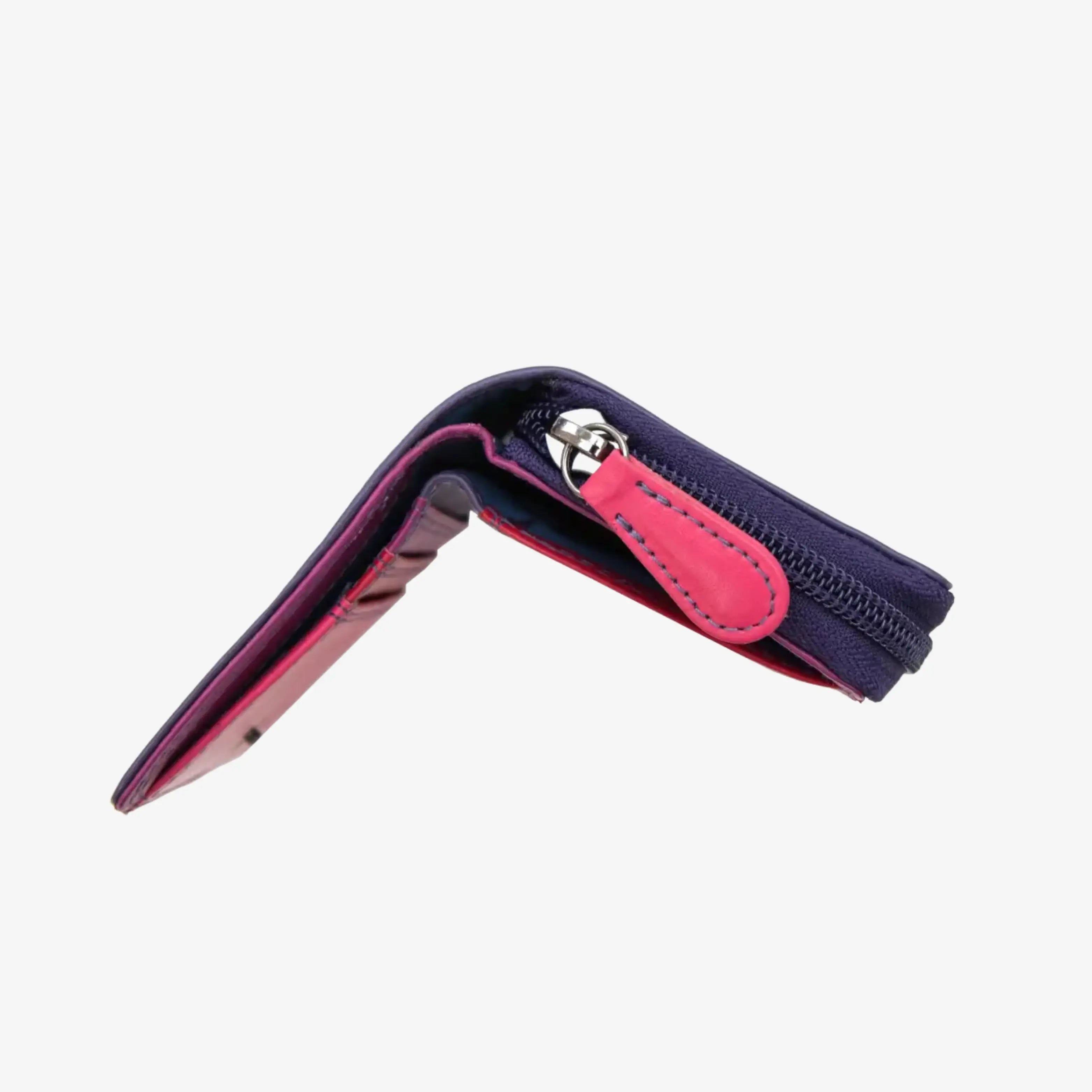 A small zippered card holder or wallet in navy blue and bright pink, shown open against a plain light gray background.