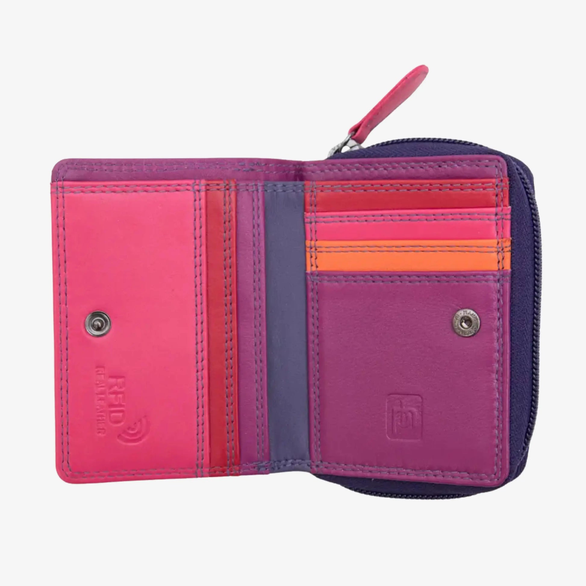 An open two-compartment zippered wallet in a vibrant color-blocked design of magenta, purple, pink, and orange, shown against a plain light gray background.