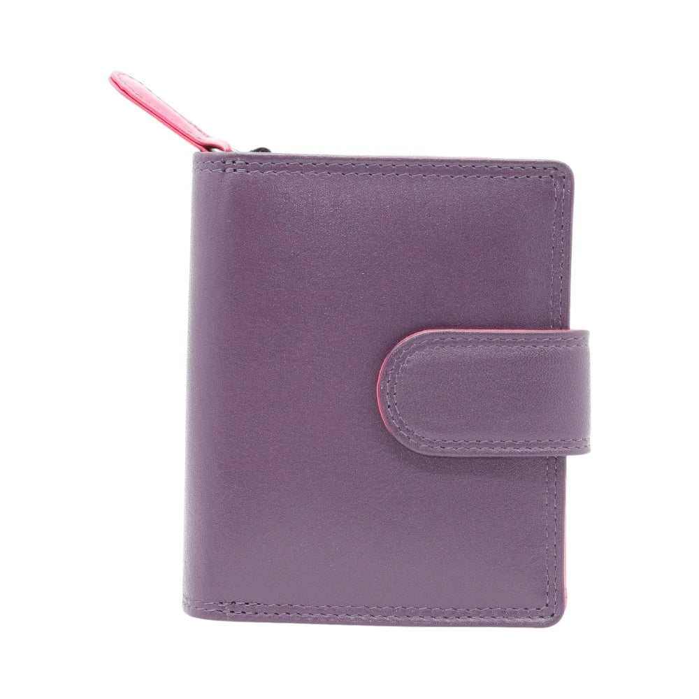 Purple wallet with pink zipper on a white background
