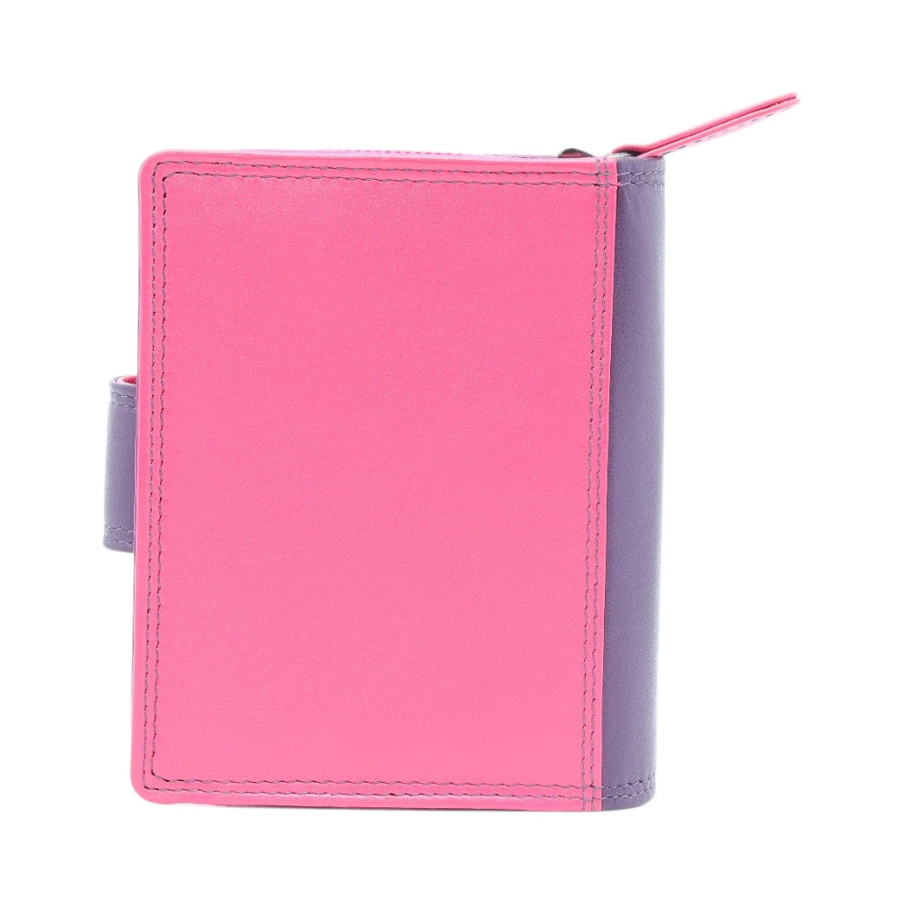 Back view of purple leather purse on a white background