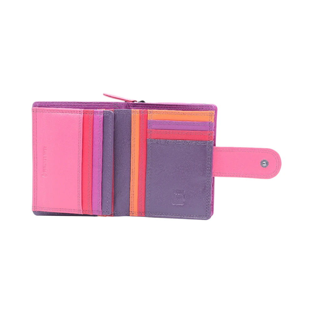 Purple wallet with pink, purple, and orange stripes on a white background